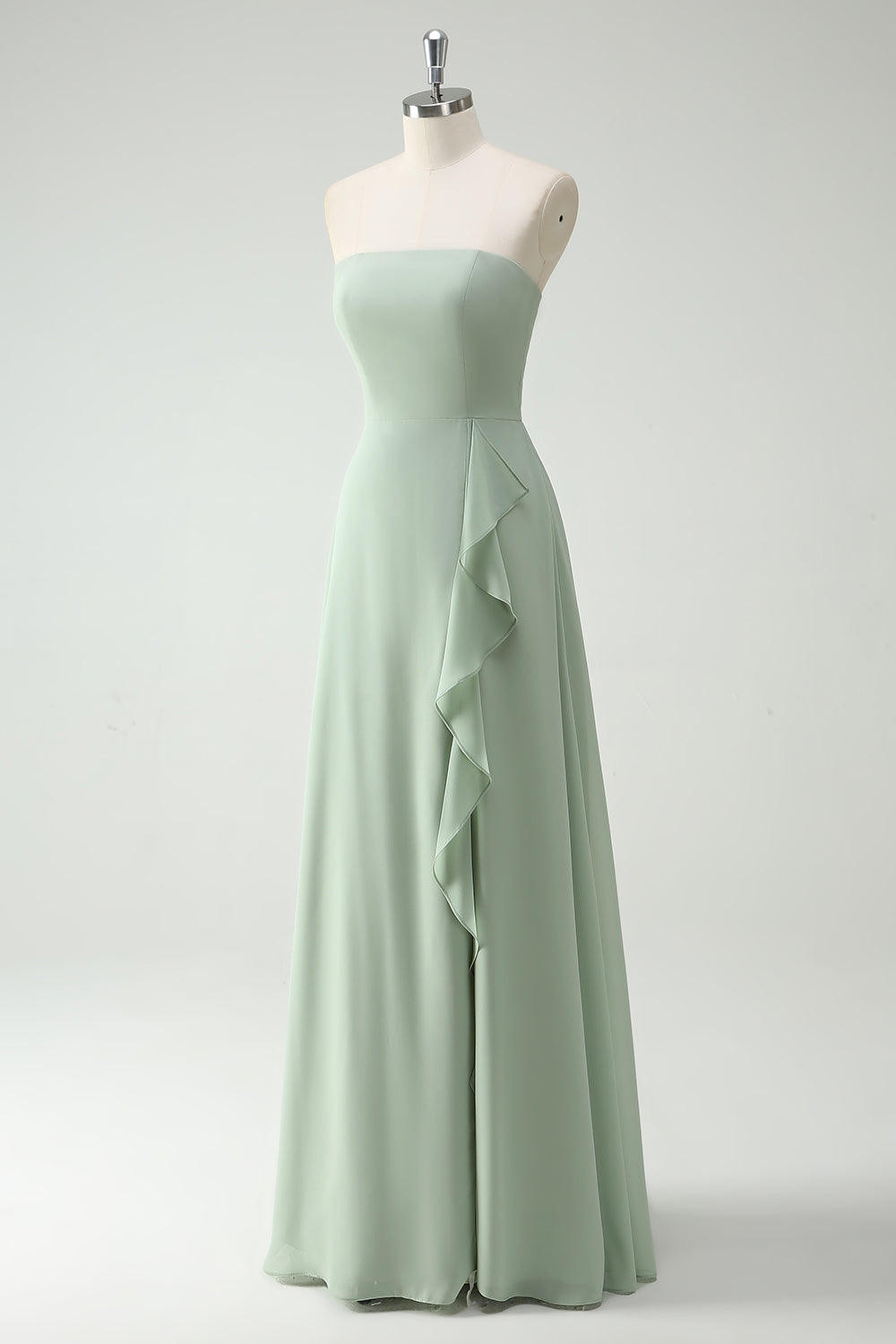 Robe longue bustier vert sauge, A-ligne avec fente et volants – demoiselle d’honneur