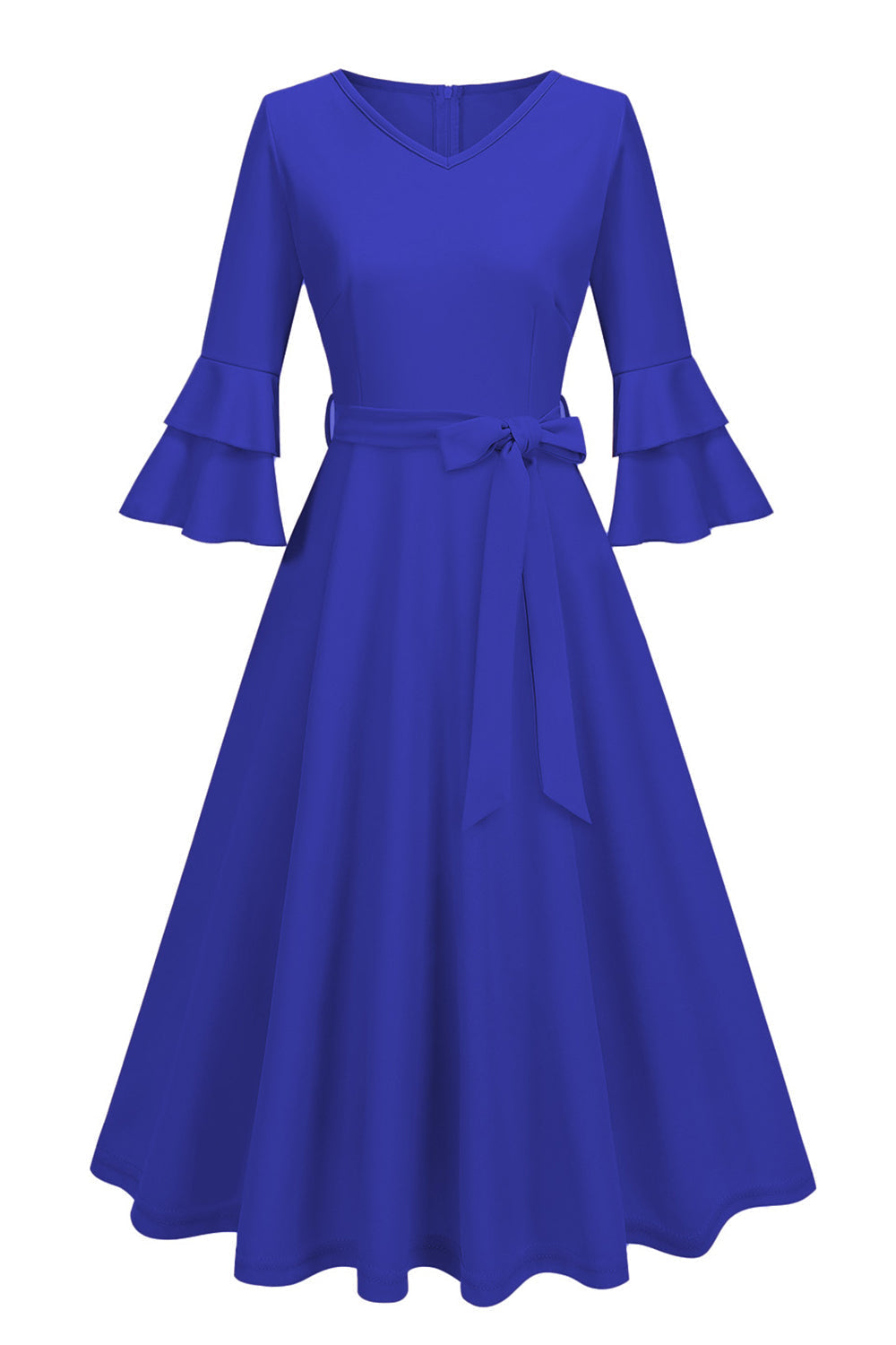 Robe midi abricot style années 50, A-ligne, col en V et demi-manches