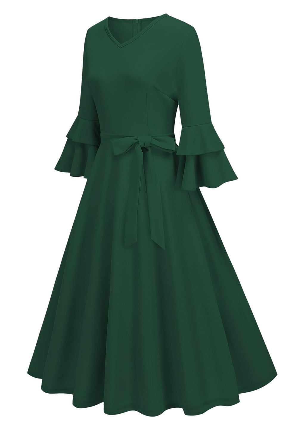 Robe midi abricot style années 50, A-ligne, col en V et demi-manches