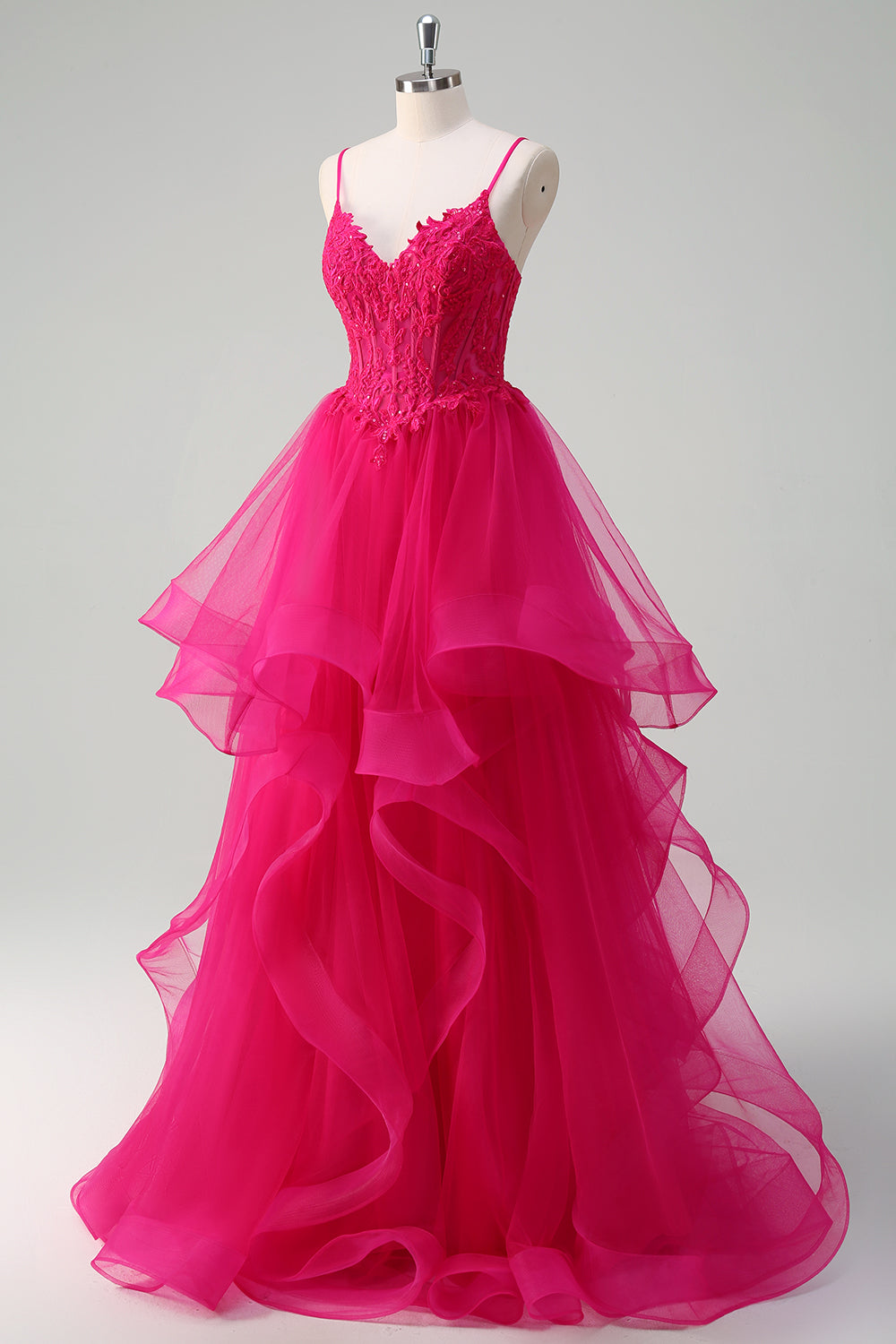 Robe de bal rose vif à volants spirale, corset et bretelles fines
