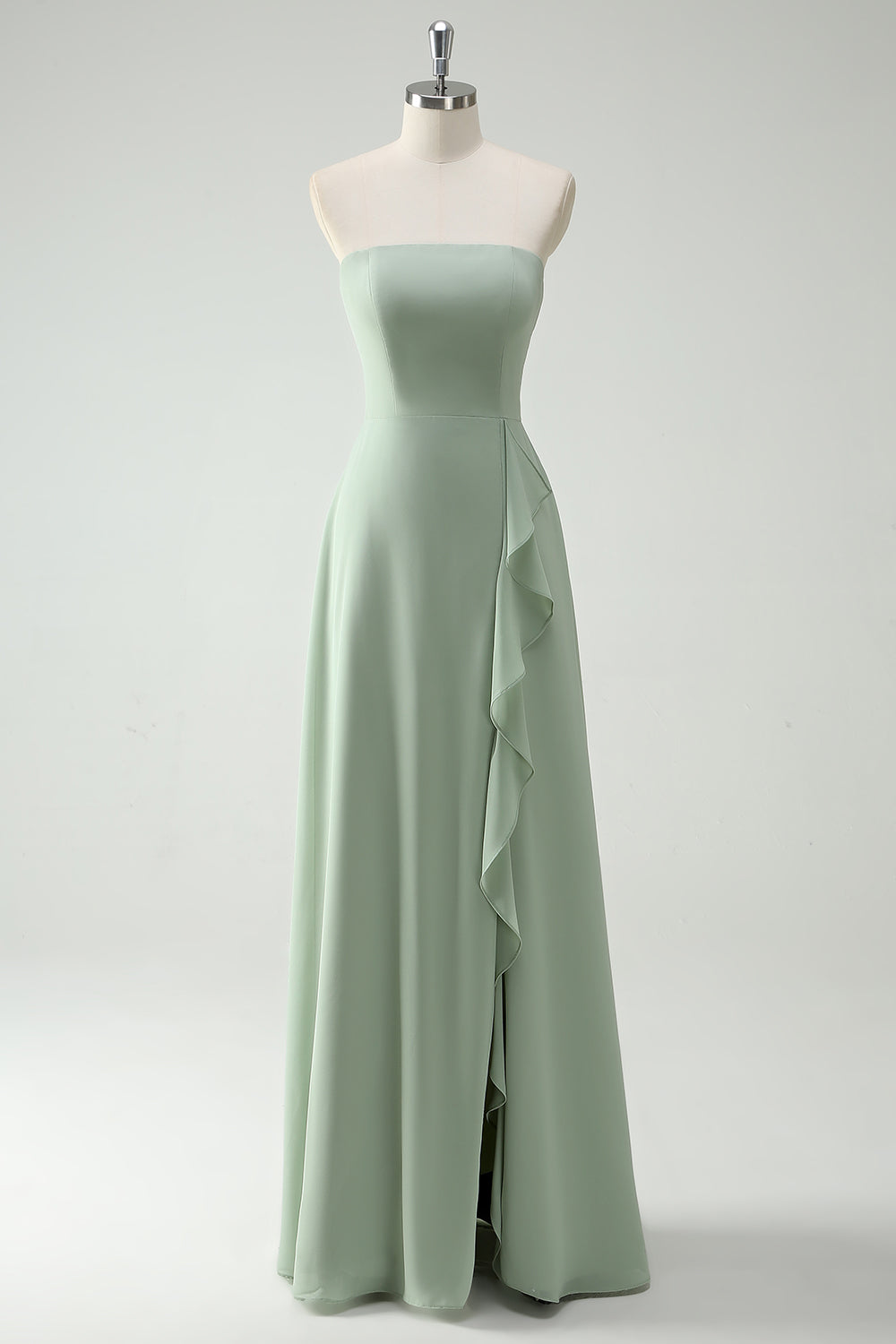 Robe longue bustier vert sauge, A-ligne avec fente et volants – demoiselle d’honneur
