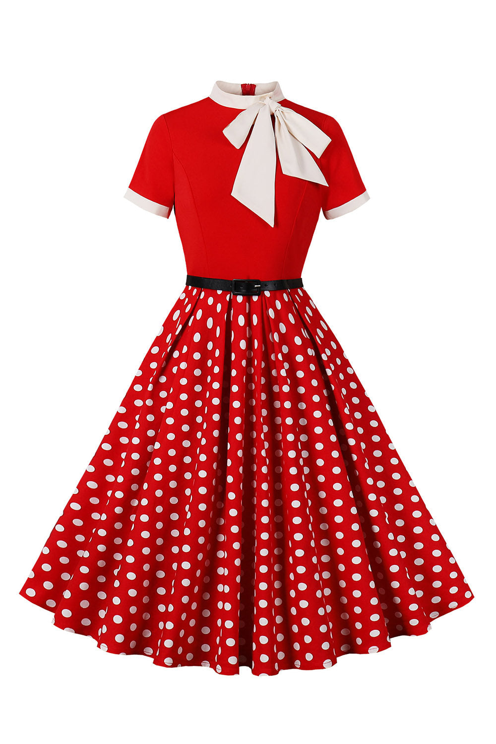 Robe noire à pois style années 50, A-ligne, manches courtes et ceinture