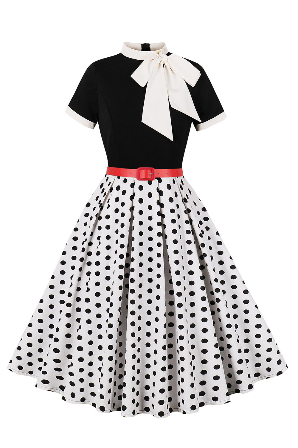 Robe noire à pois style années 50, A-ligne, manches courtes et ceinture