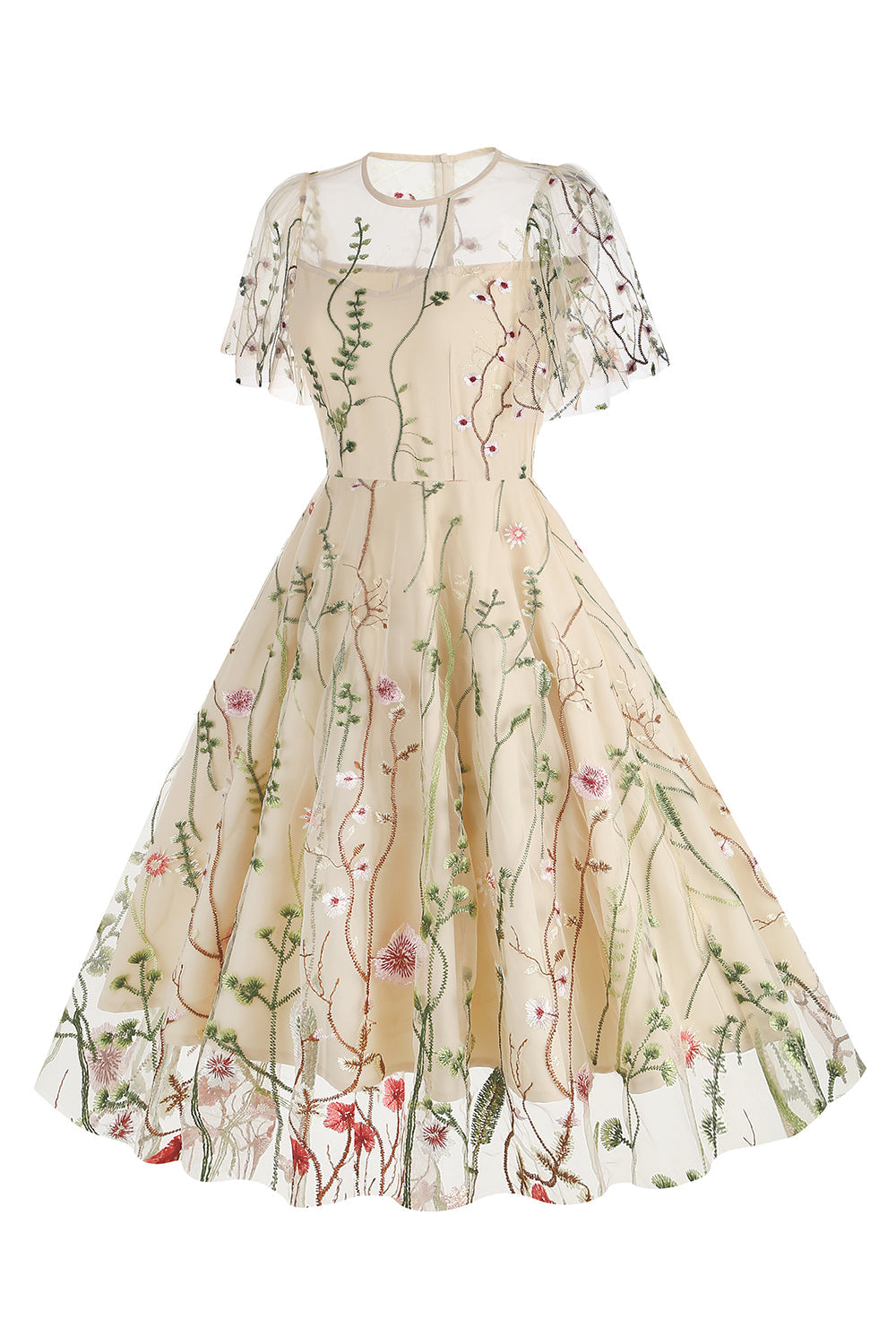Robe abricot en tulle imprimé, A-ligne à manches courtes style années 50