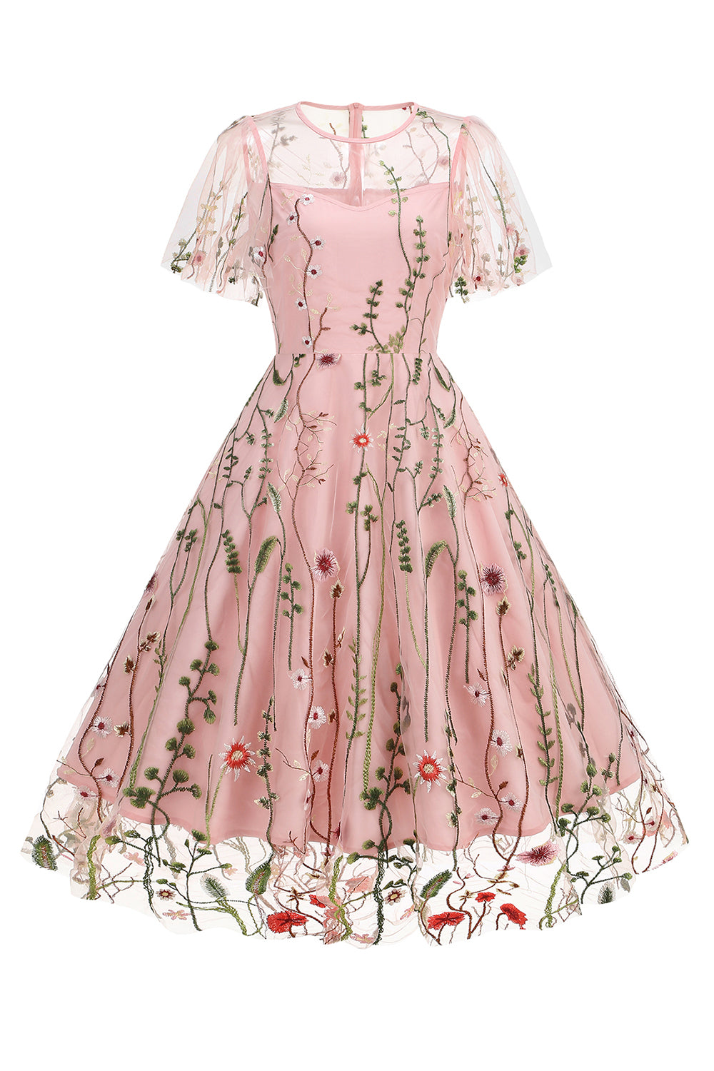 Robe abricot en tulle imprimé, A-ligne à manches courtes style années 50