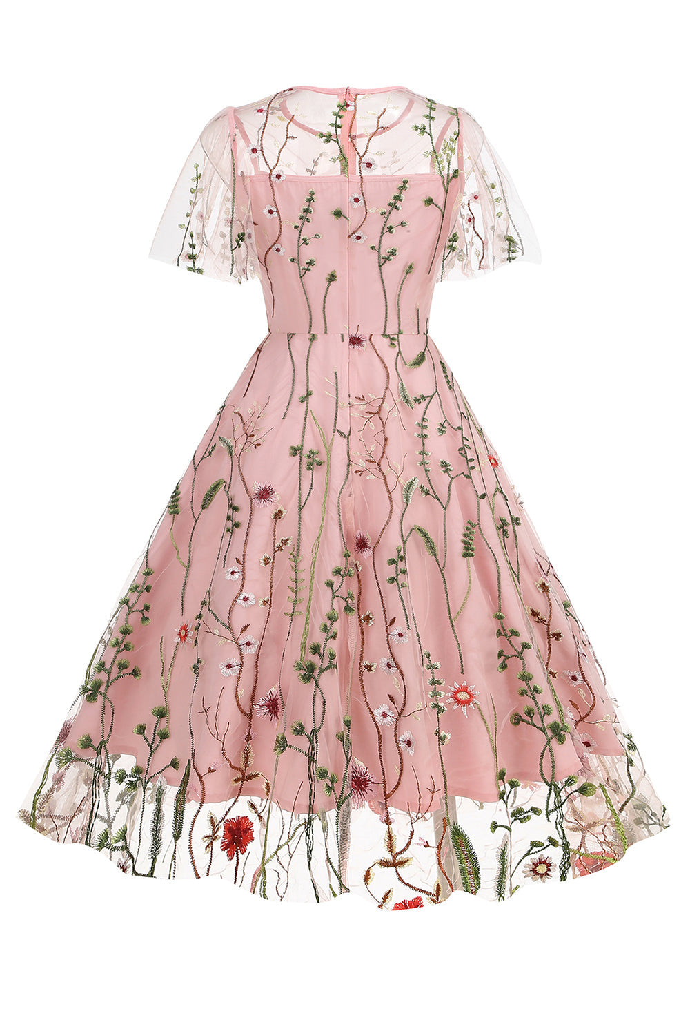 Robe abricot en tulle imprimé, A-ligne à manches courtes style années 50