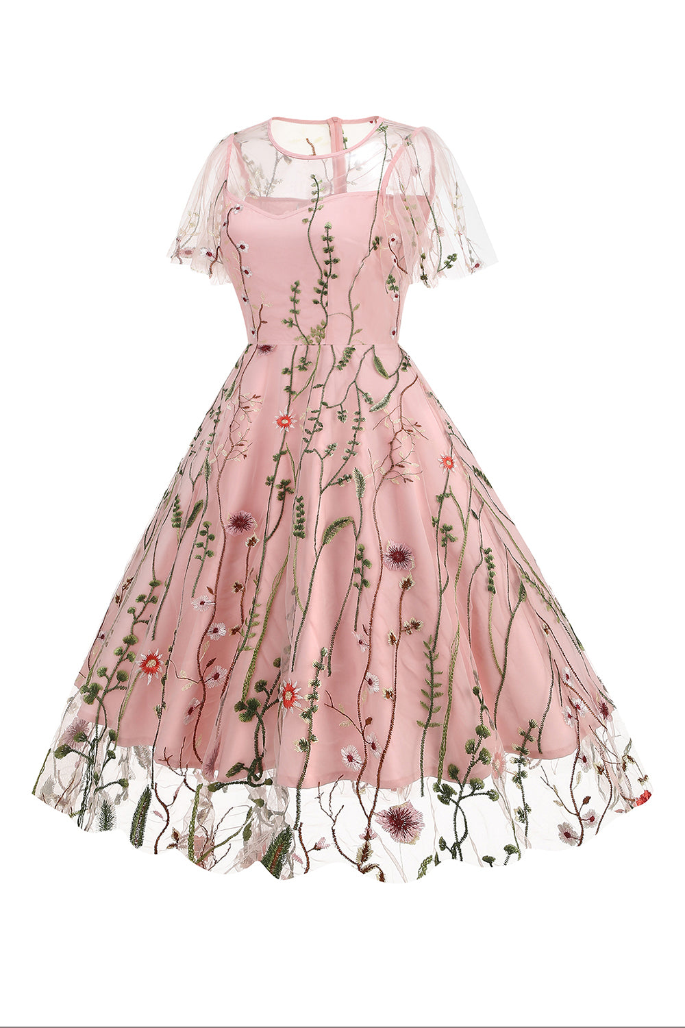 Robe abricot en tulle imprimé, A-ligne à manches courtes style années 50