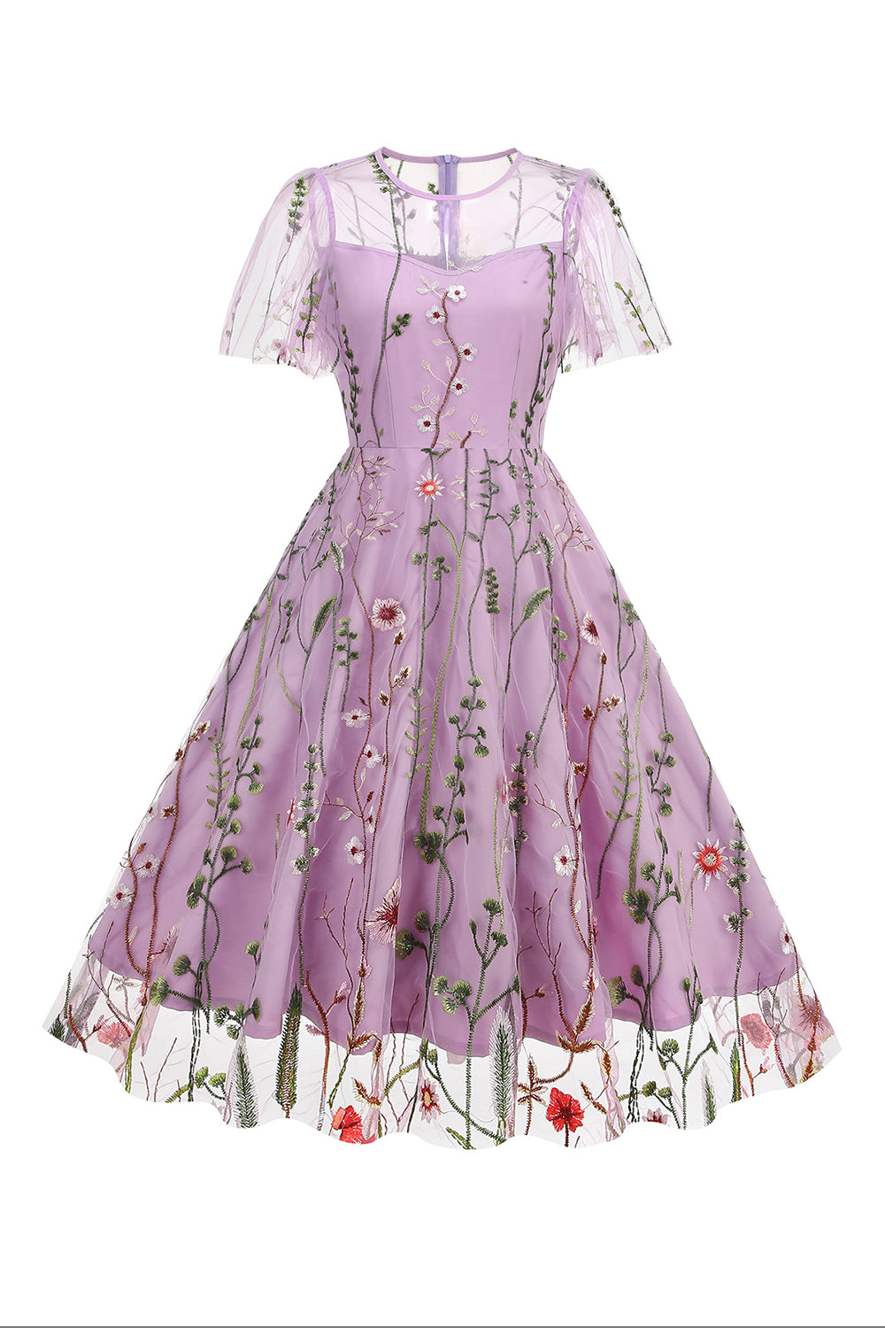 Robe abricot en tulle imprimé, A-ligne à manches courtes style années 50
