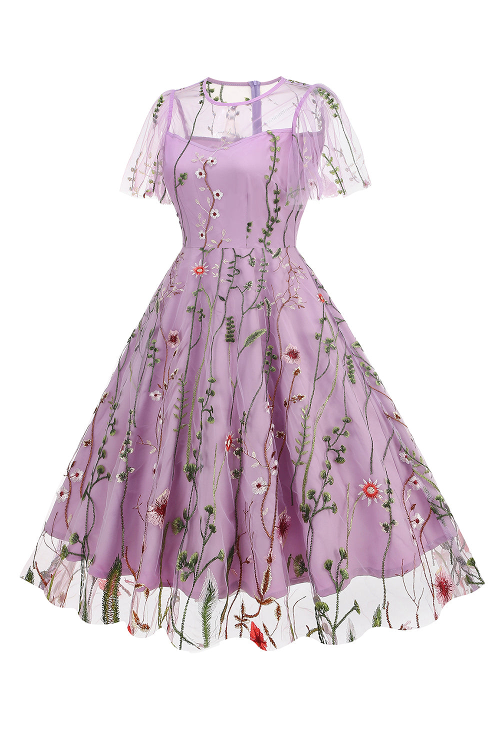 Robe abricot en tulle imprimé, A-ligne à manches courtes style années 50