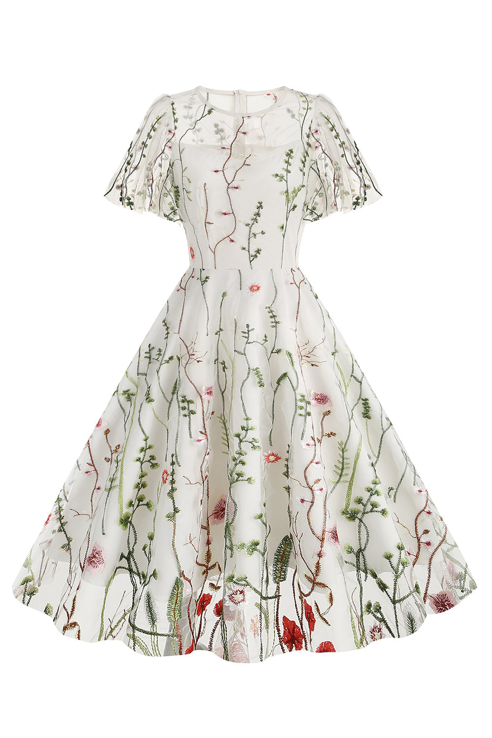 Robe abricot en tulle imprimé, A-ligne à manches courtes style années 50
