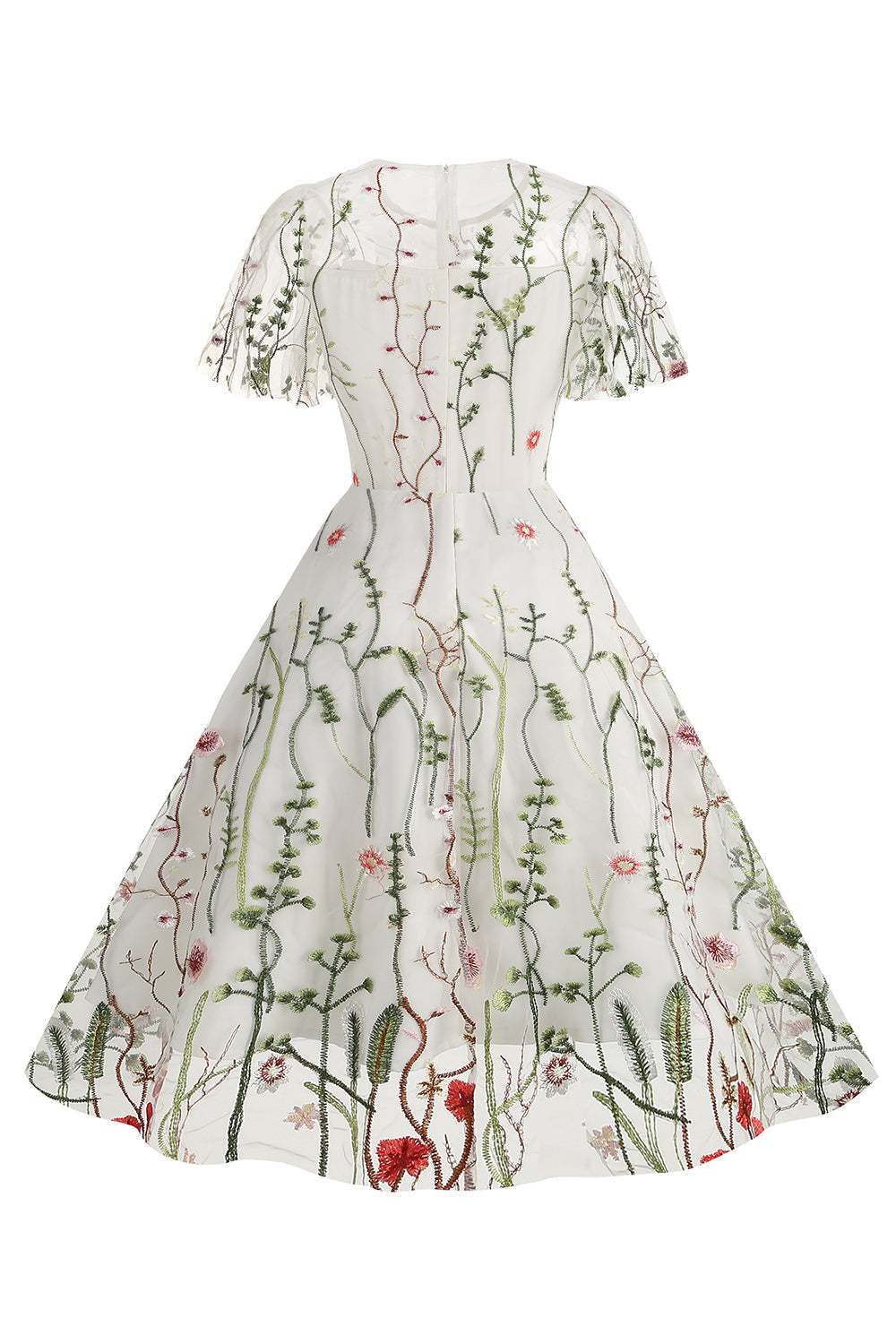 Robe abricot en tulle imprimé, A-ligne à manches courtes style années 50