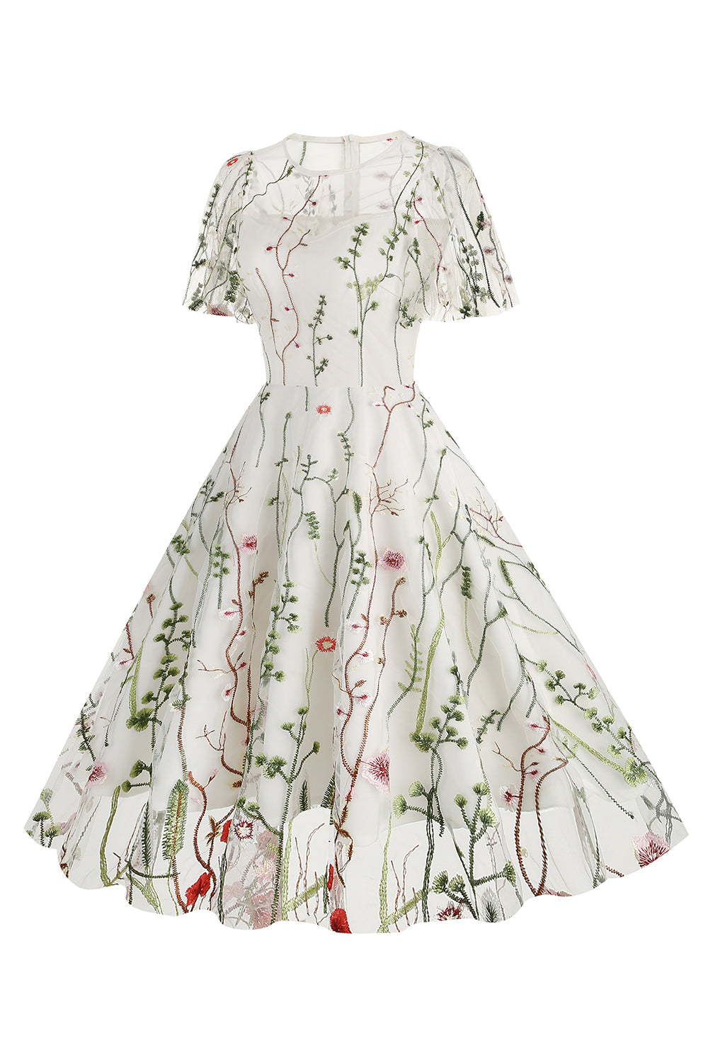 Robe abricot en tulle imprimé, A-ligne à manches courtes style années 50