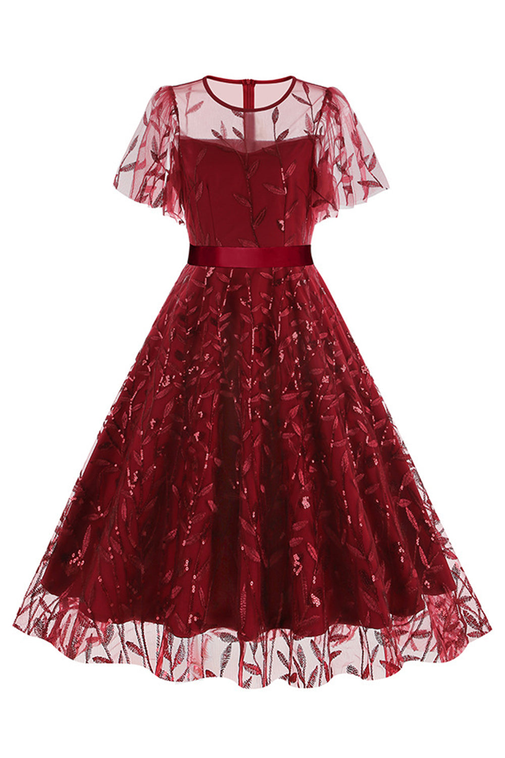 Robe vintage abricot élégante à paillettes et broderies feuillage en maille