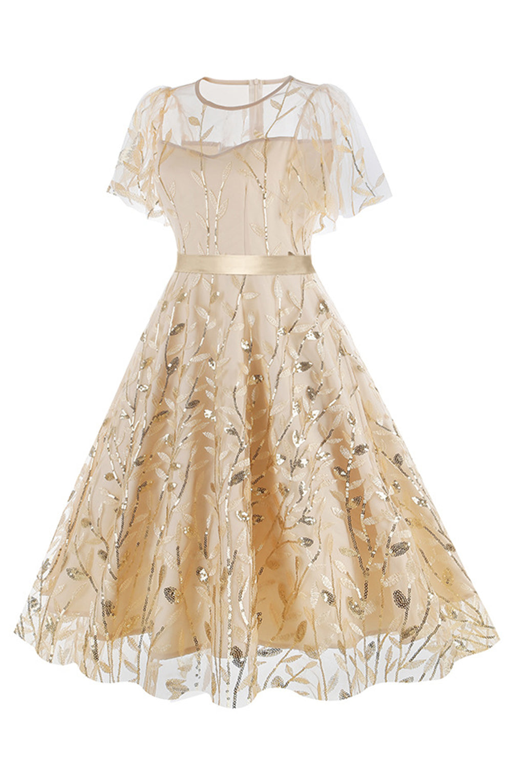 Robe vintage abricot élégante à paillettes et broderies feuillage en maille
