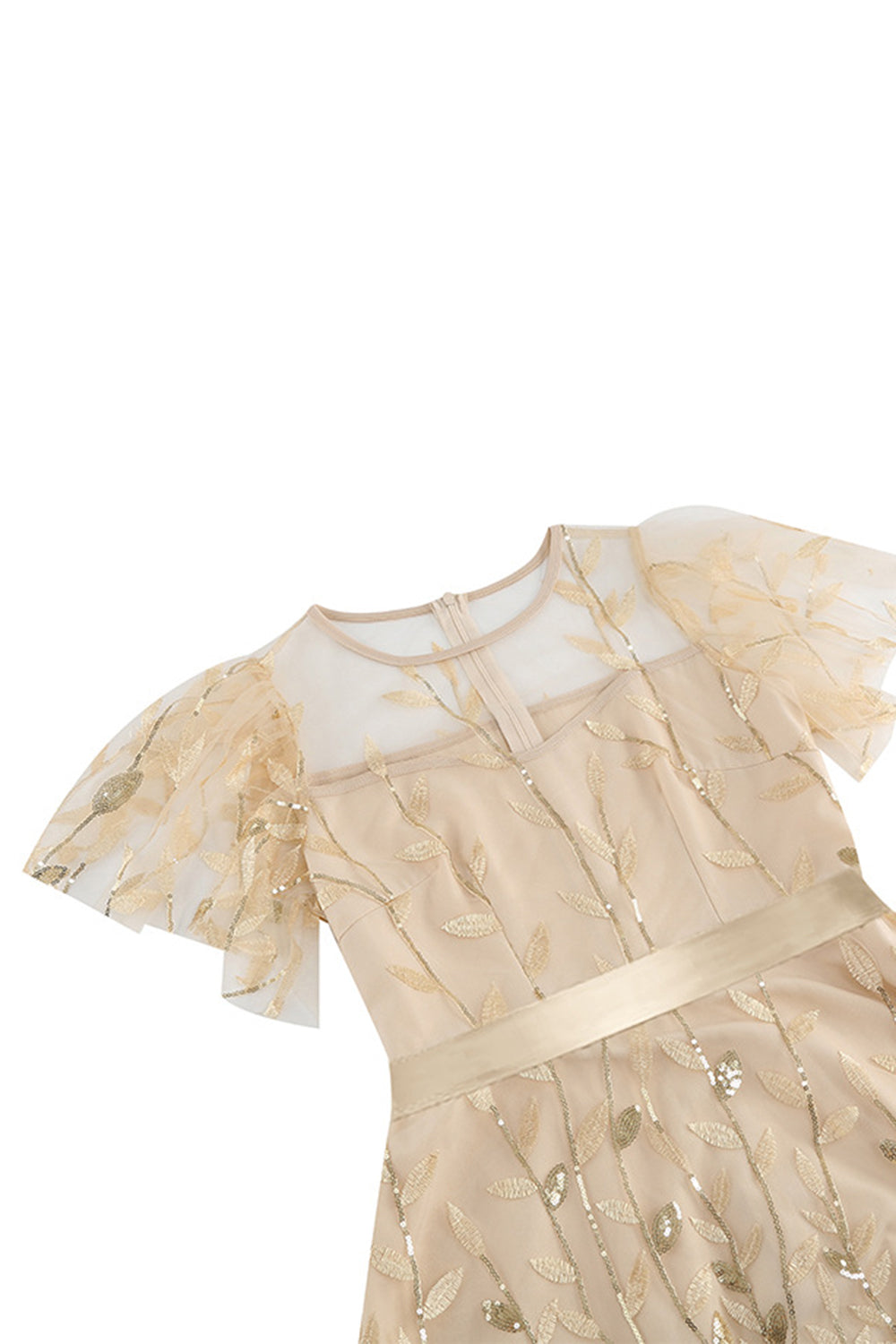Robe vintage abricot élégante à paillettes et broderies feuillage en maille