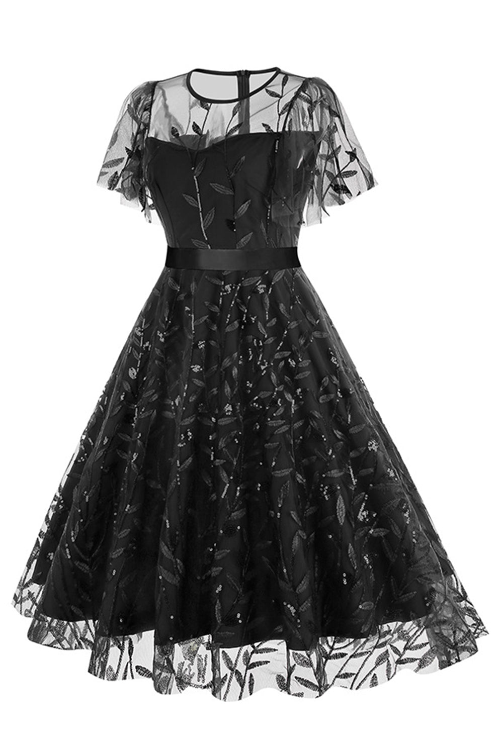 Robe vintage abricot élégante à paillettes et broderies feuillage en maille