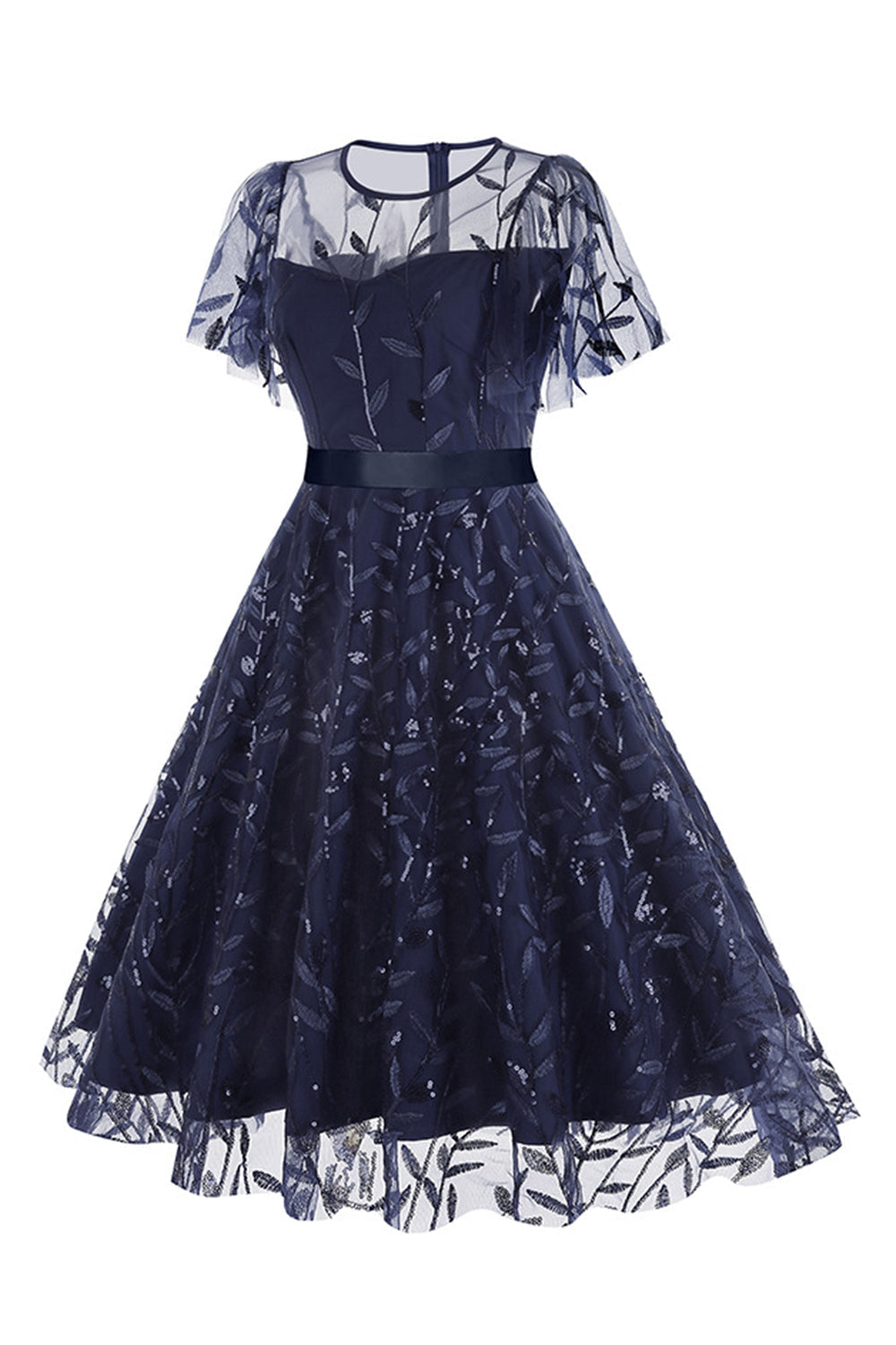 Robe vintage abricot élégante à paillettes et broderies feuillage en maille
