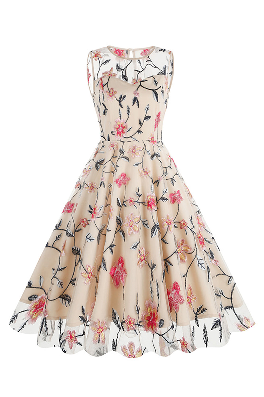 Robe midi vintage abricot sans manches, brodée florale et élégante