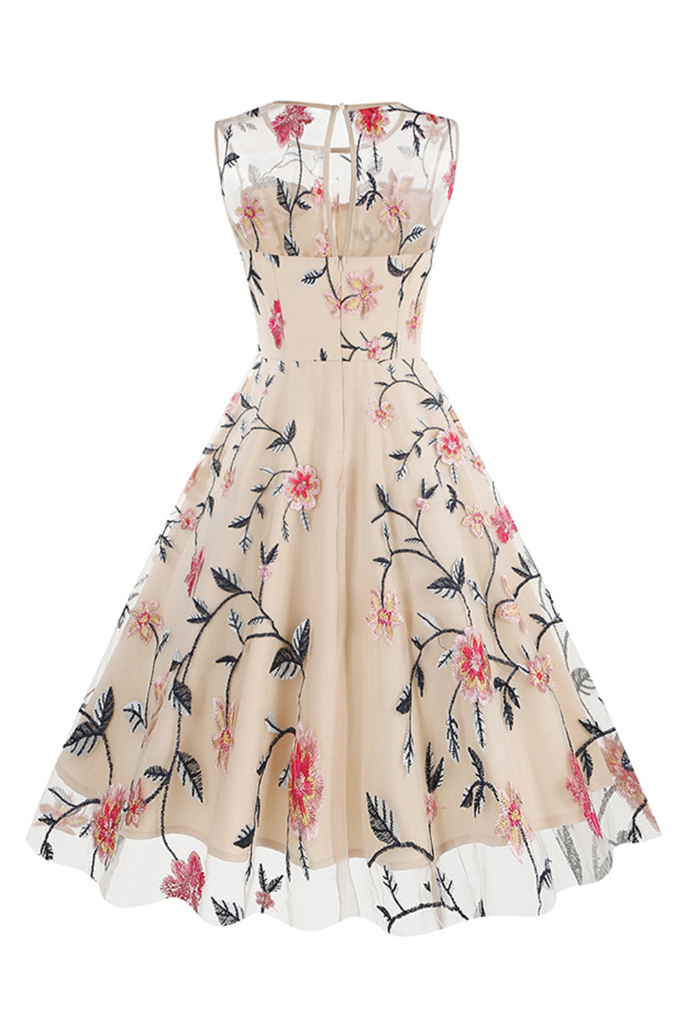 Robe midi vintage abricot sans manches, brodée florale et élégante