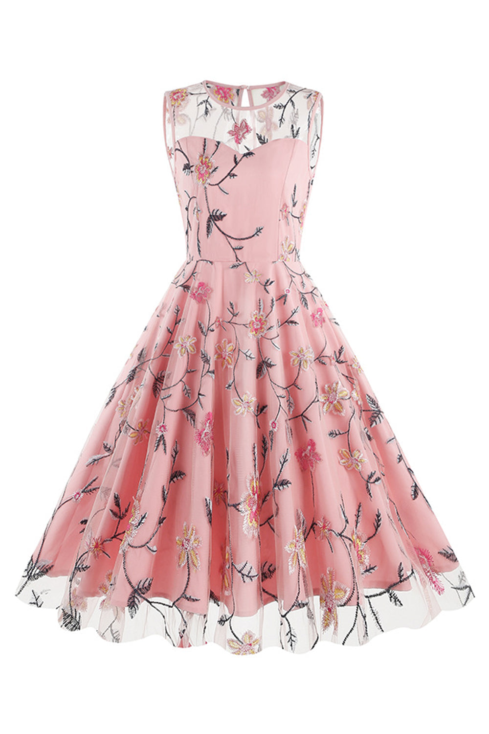 Robe midi vintage abricot sans manches, brodée florale et élégante