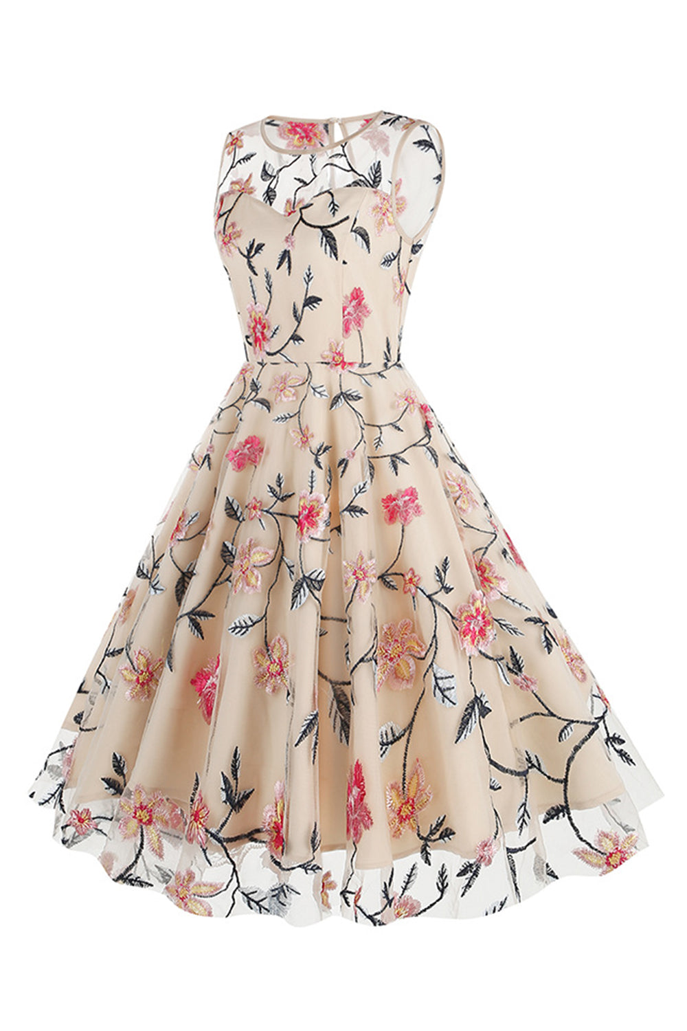 Robe midi vintage abricot sans manches, brodée florale et élégante