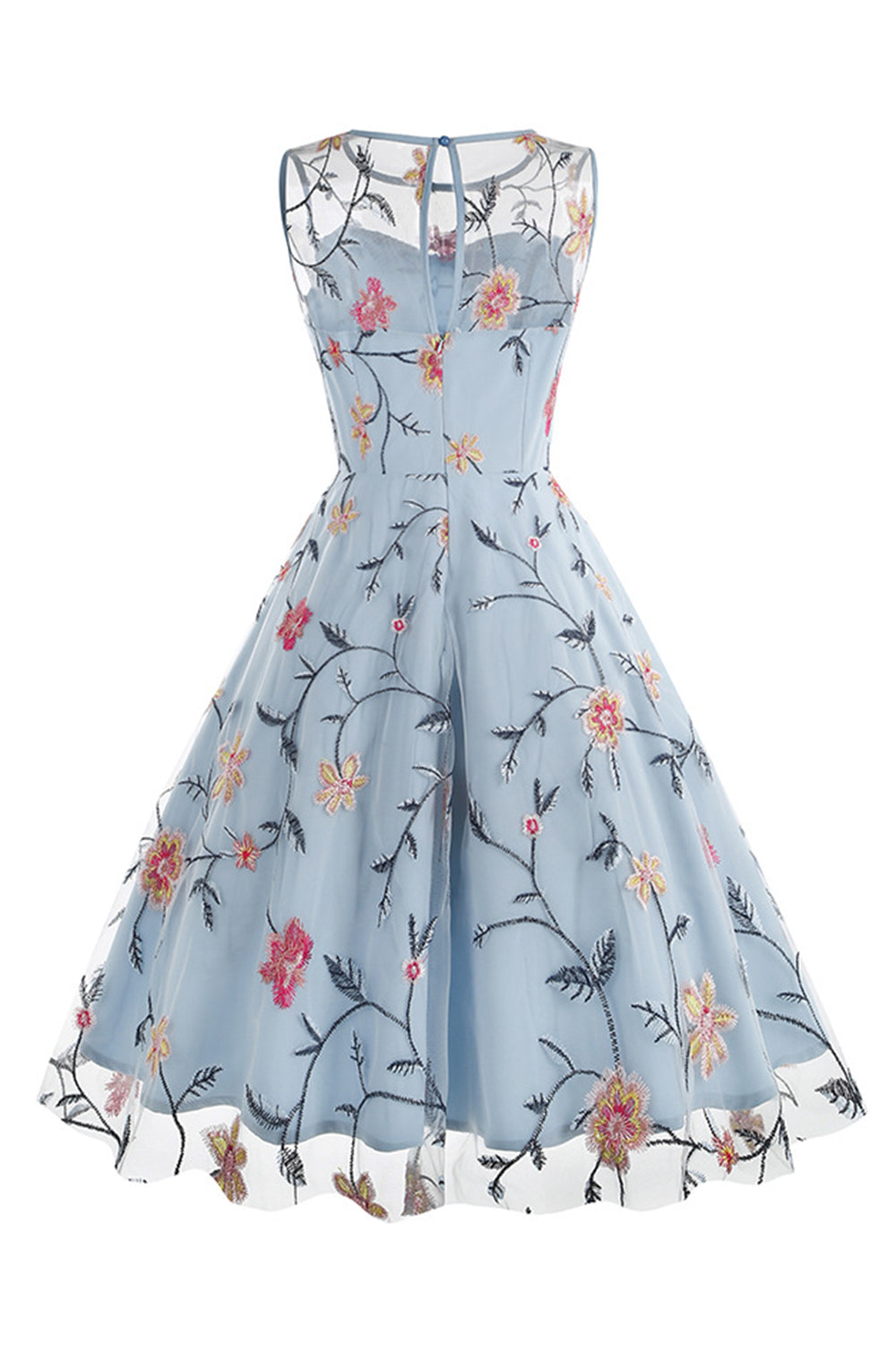 Robe midi vintage abricot sans manches, brodée florale et élégante
