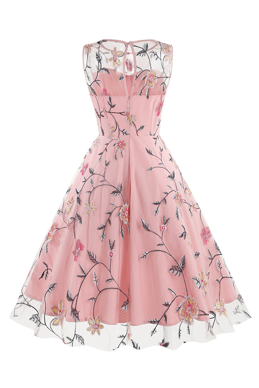Robe midi vintage abricot sans manches, brodée florale et élégante