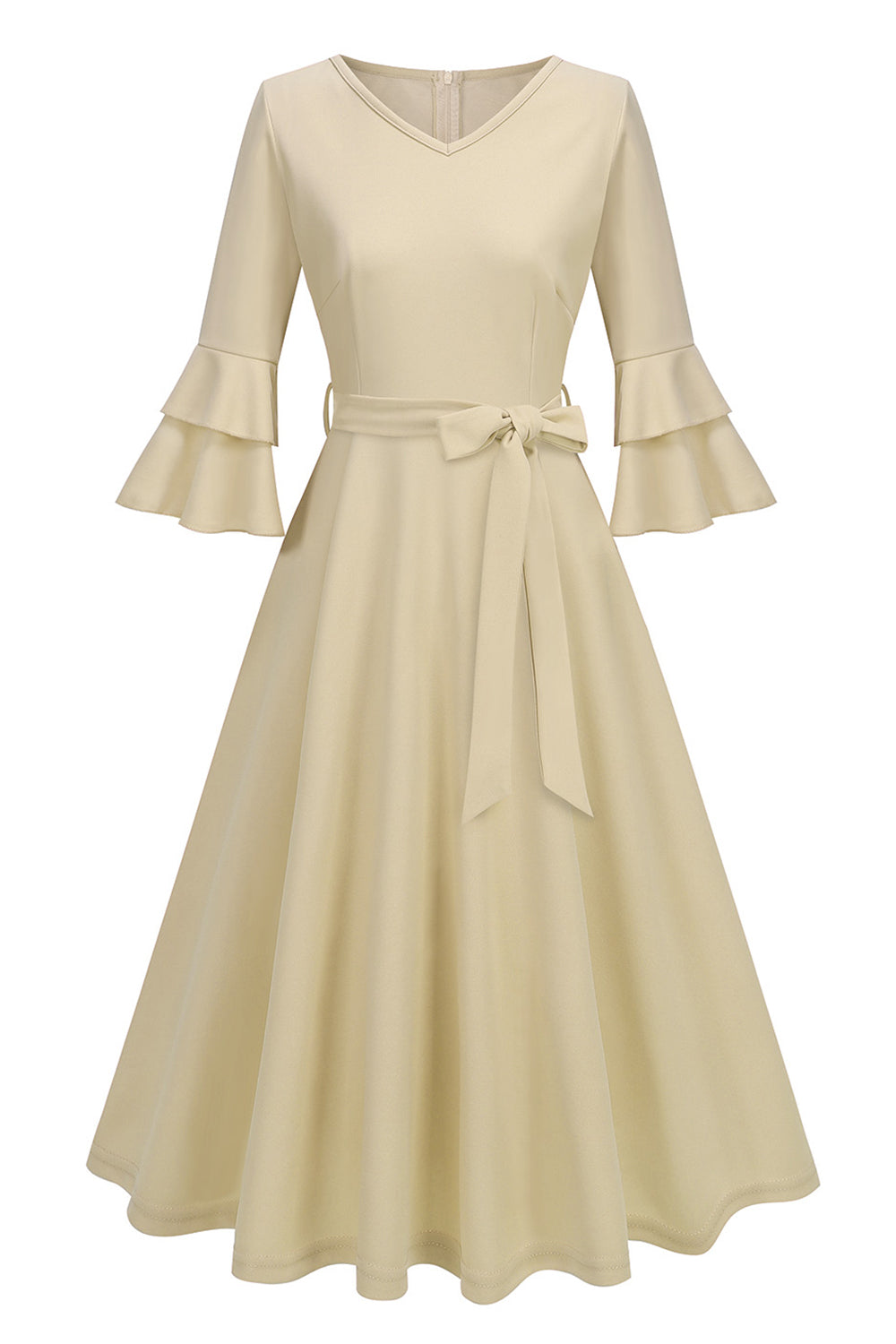Robe midi abricot style années 50, A-ligne, col en V et demi-manches