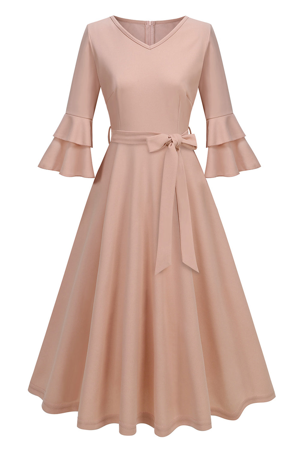 Robe midi abricot style années 50, A-ligne, col en V et demi-manches