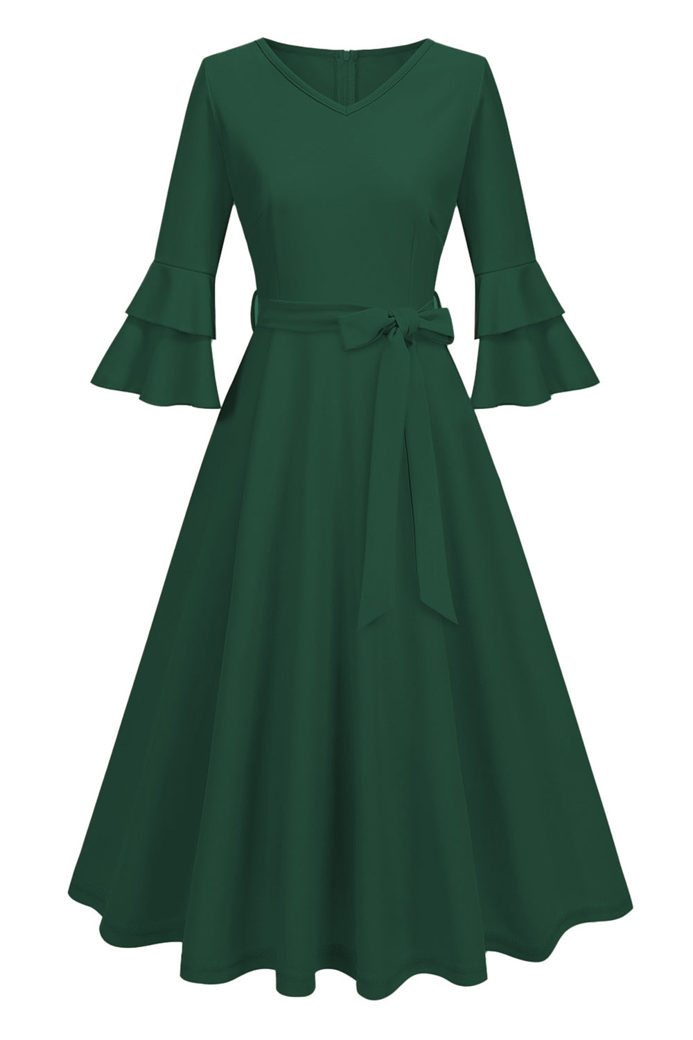 Robe midi abricot style années 50, A-ligne, col en V et demi-manches