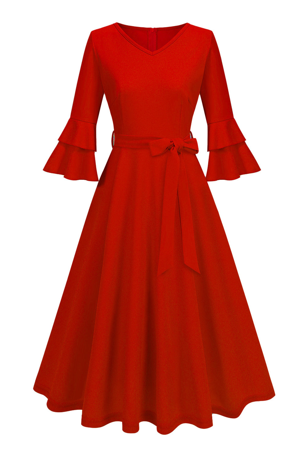 Robe midi abricot style années 50, A-ligne, col en V et demi-manches