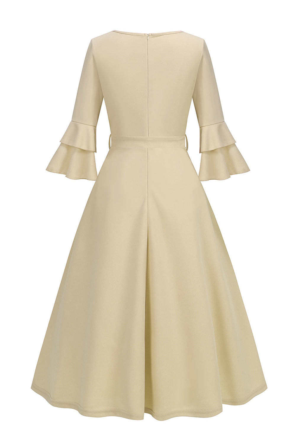 Robe midi abricot style années 50, A-ligne, col en V et demi-manches