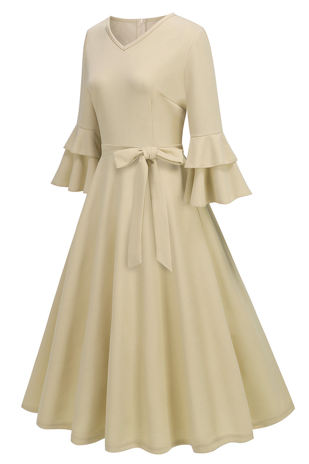 Robe midi abricot style années 50, A-ligne, col en V et demi-manches