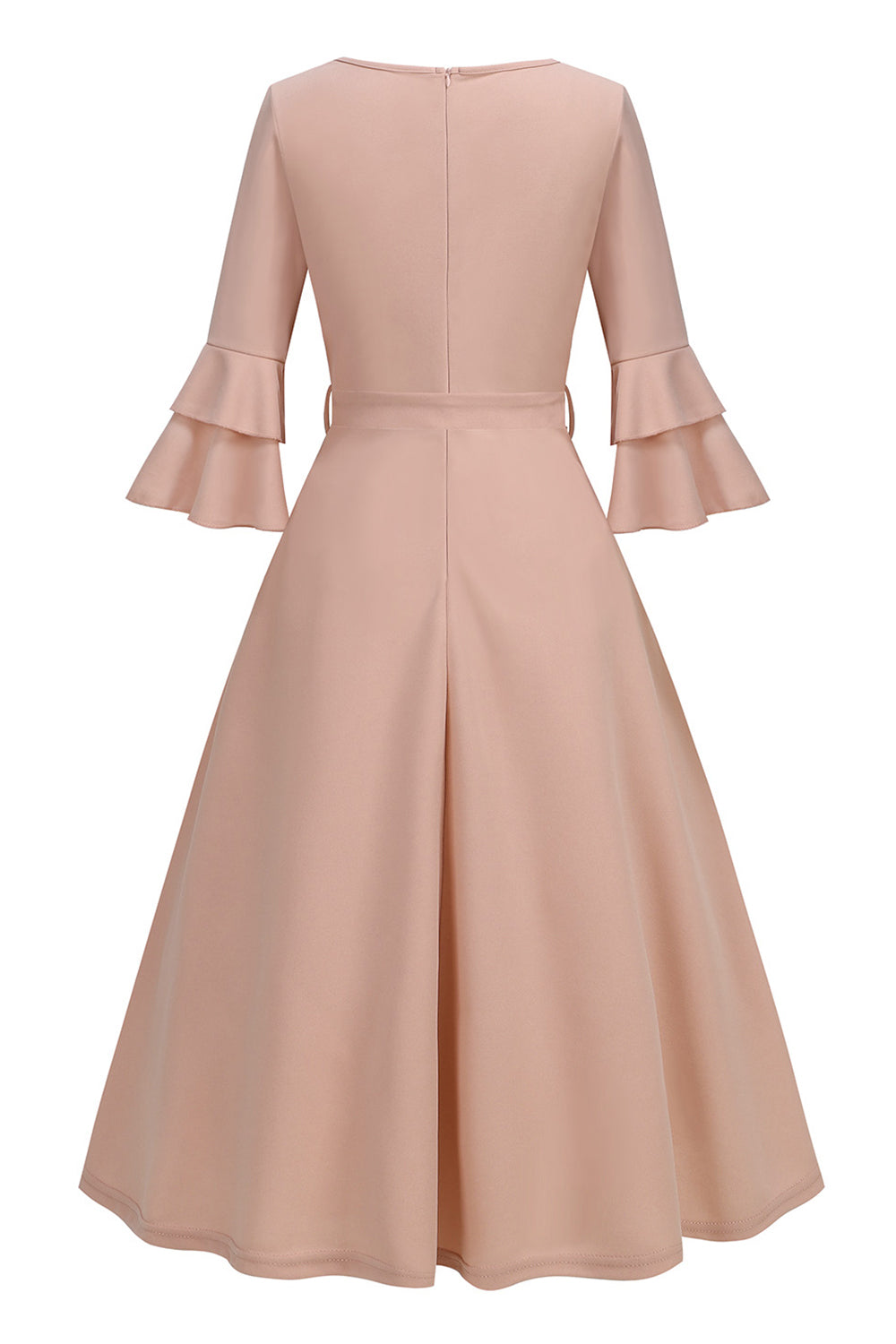 Robe midi abricot style années 50, A-ligne, col en V et demi-manches