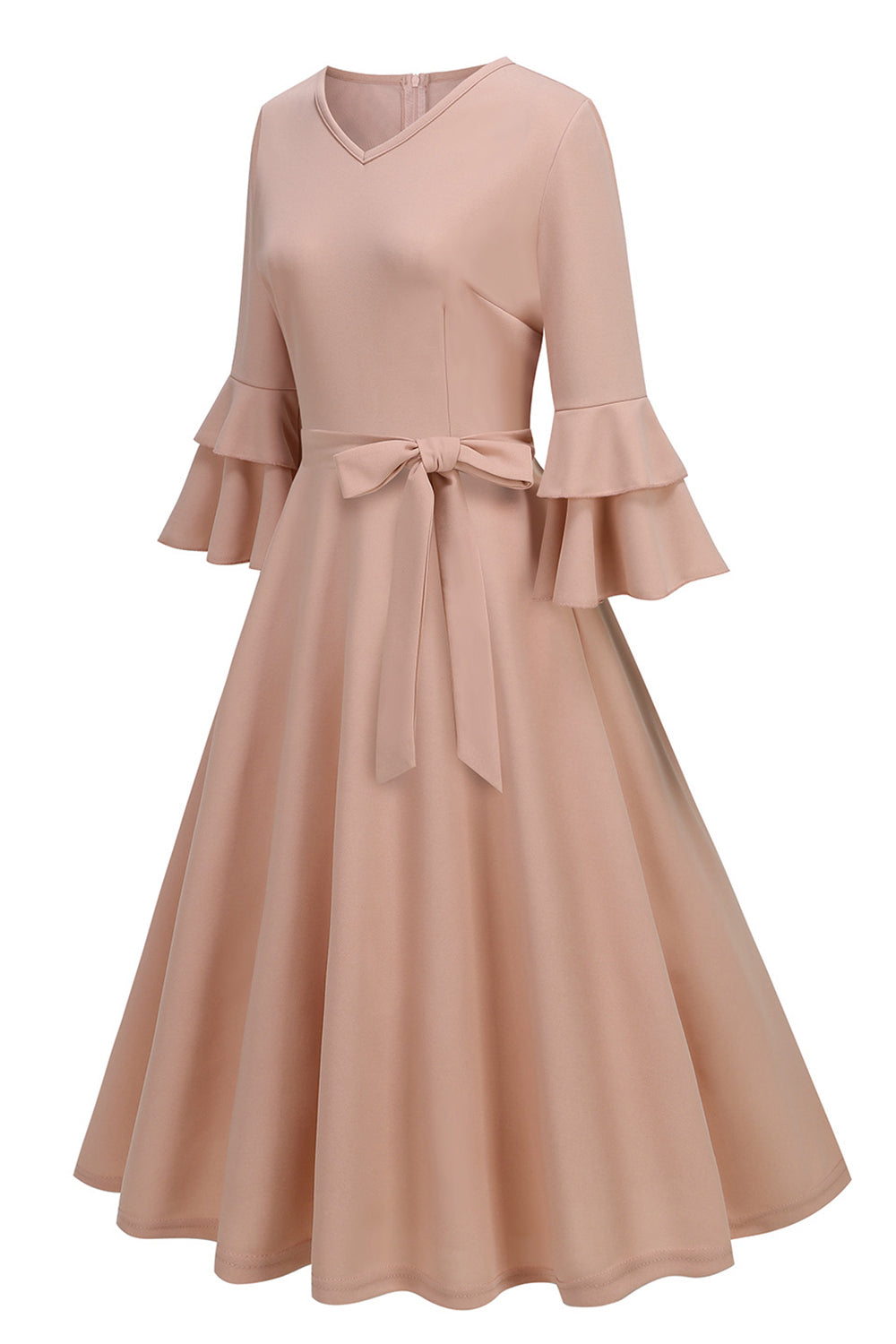 Robe midi abricot style années 50, A-ligne, col en V et demi-manches