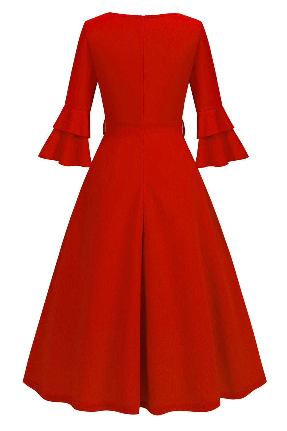 Robe midi abricot style années 50, A-ligne, col en V et demi-manches