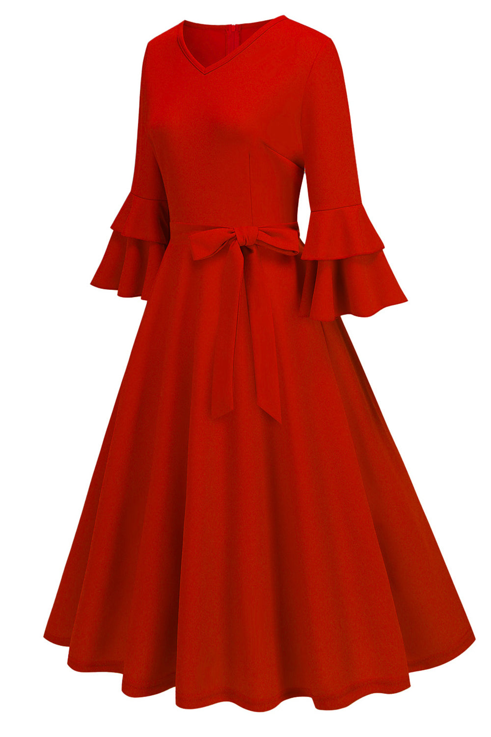 Robe midi abricot style années 50, A-ligne, col en V et demi-manches