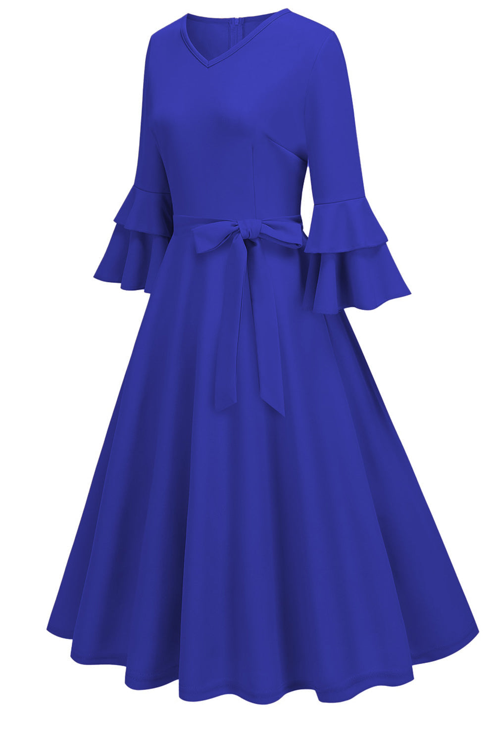 Robe midi abricot style années 50, A-ligne, col en V et demi-manches