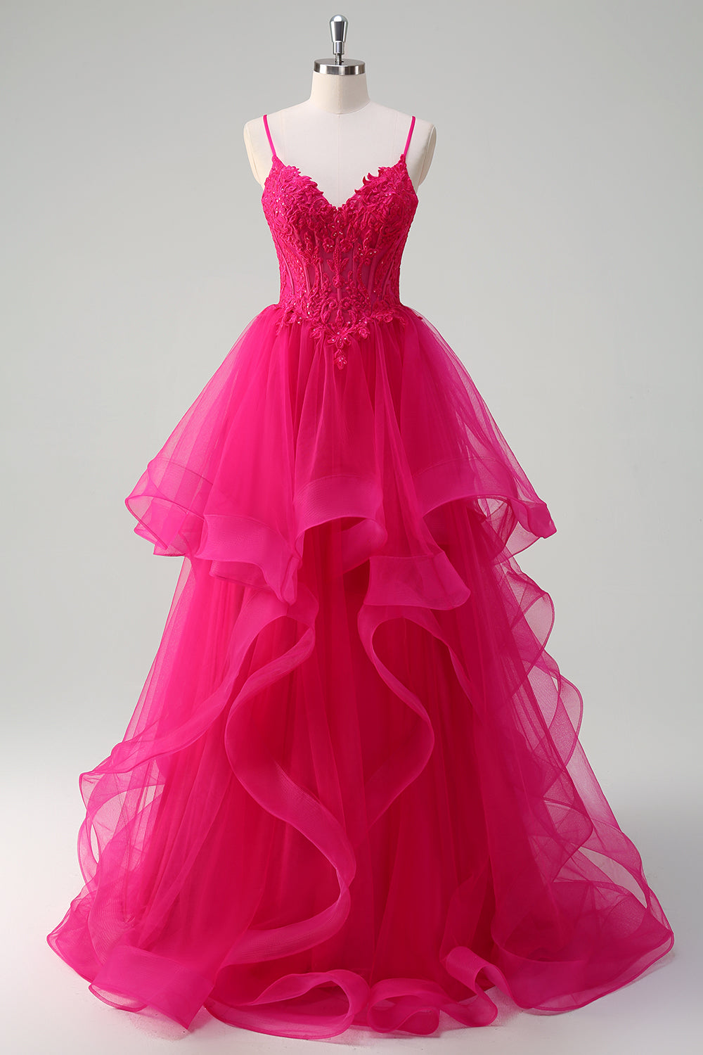 Robe de bal rose vif à volants spirale, corset et bretelles fines