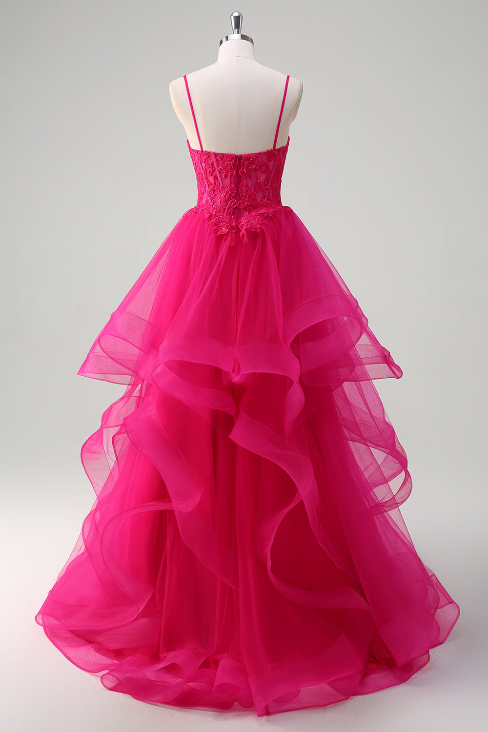 Robe de bal rose vif à volants spirale, corset et bretelles fines