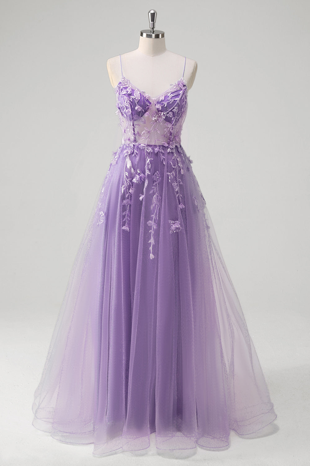 Robe longue bleu A-ligne en tulle avec corset et bretelles fines